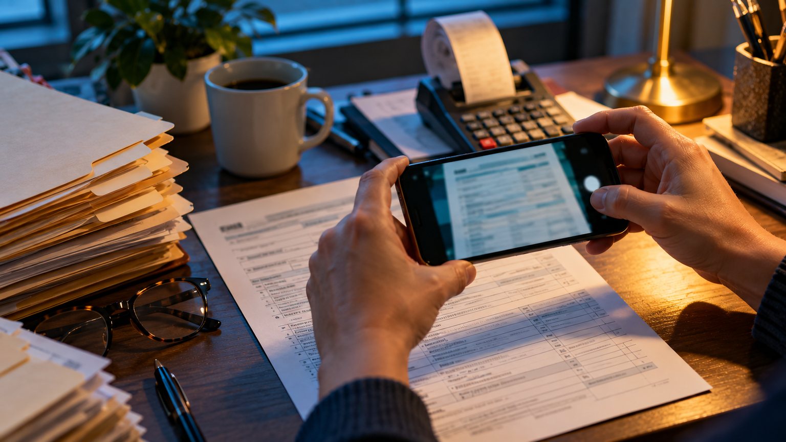 An accountant photographs a client tax form with a phone at a desk stacked with client folders