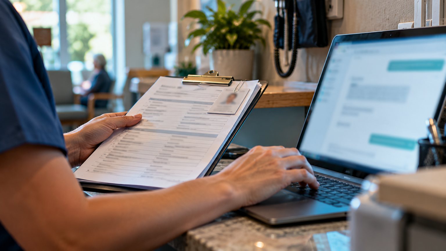 A medical receptionist holds a patient intake form on a clipboard while typing into an AI chat window on a laptop