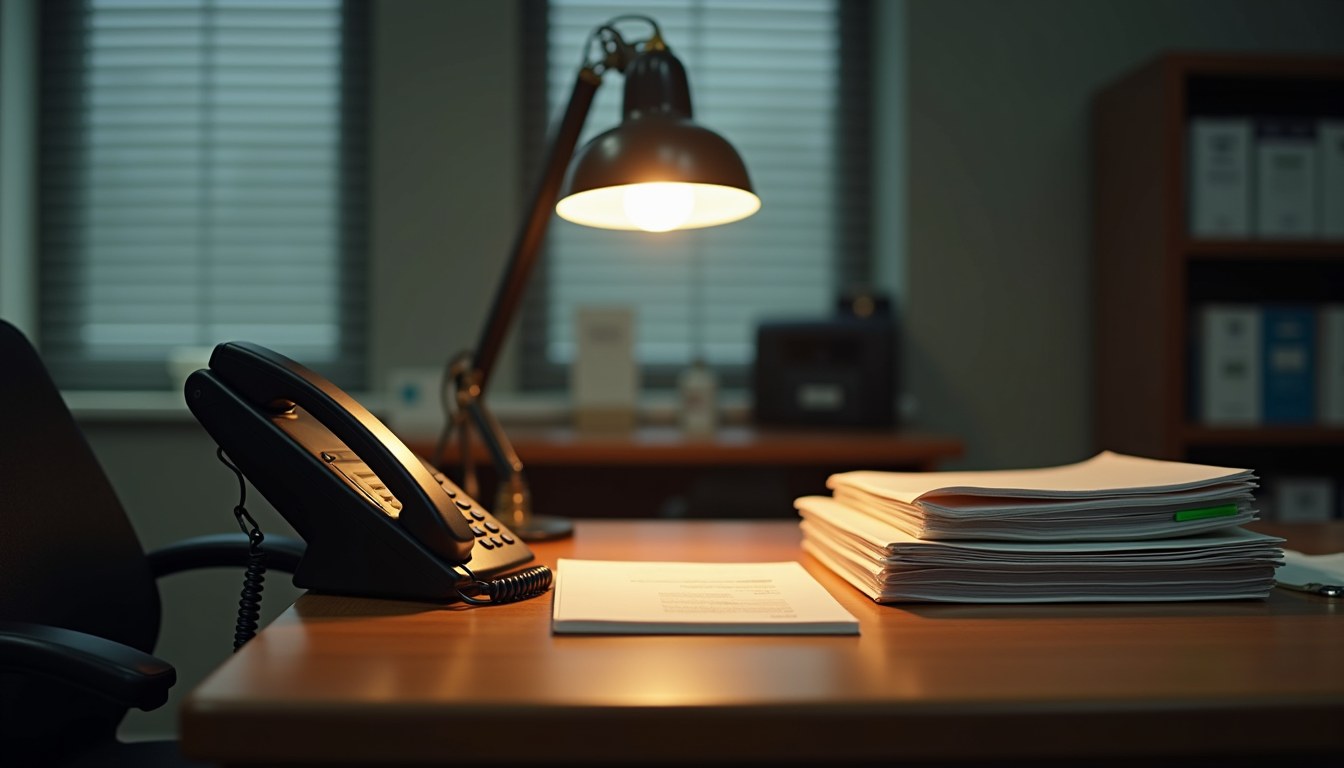 A busy sales desk with the phone off the hook and neatly organized deal folders, one marked with a green indicator tab.