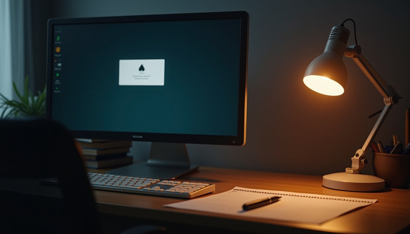 A desk in early evening with a monitor showing a soft notification popup and a warm desk lamp lit beside a blank timesheet.