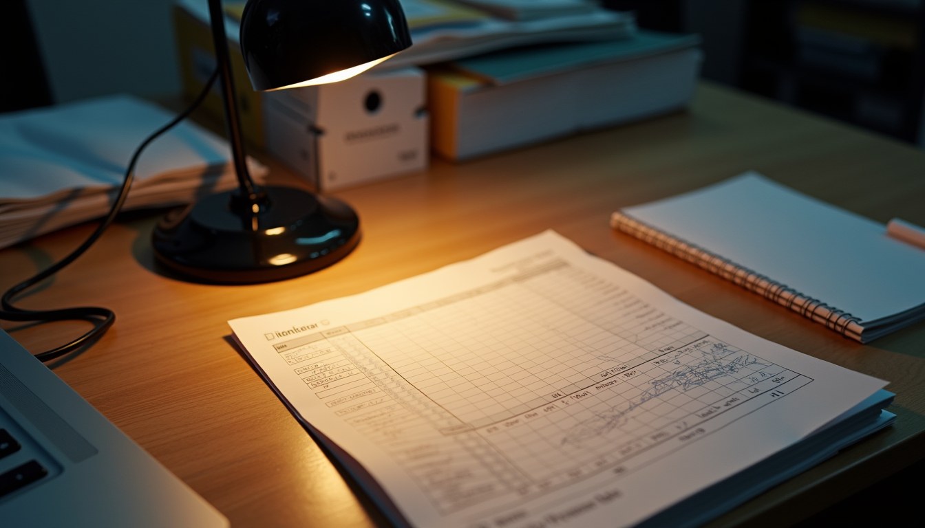 A completed, fully filled-in timesheet neatly organized beside a stack of invoices on a desk.