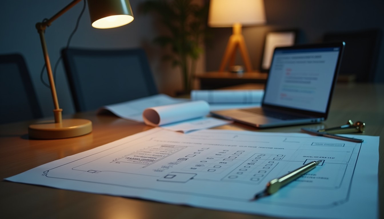 An engineering conference table with a compliance checklist partly complete, a laptop showing a progress interface, and drafting tools resting near rolled blueprints.