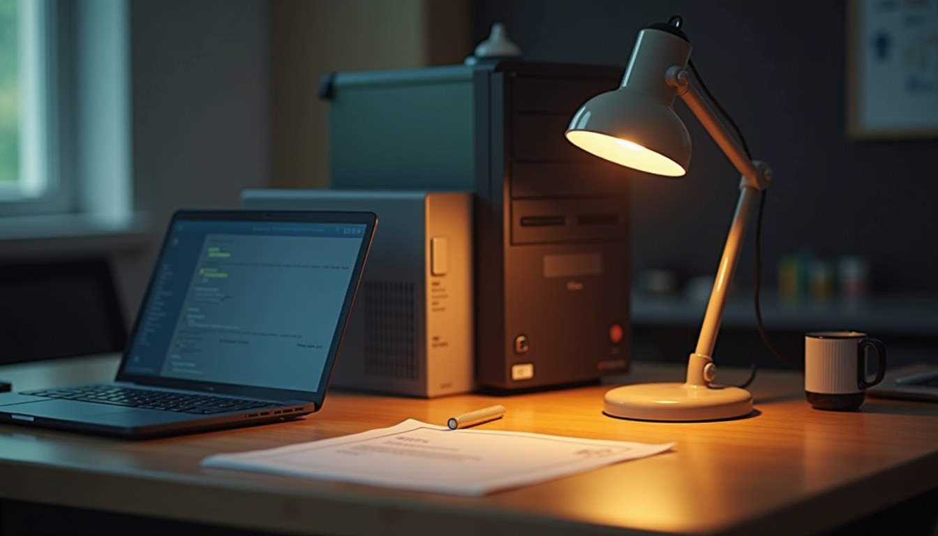 A tidy office with a laptop, desktop tower, and small server unit arranged neatly together, a certification-style document resting beside them.