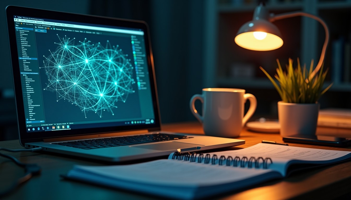 A technician's desk with a laptop showing a network status map mid-failover, a printed runbook open beside it, and a cup of coffee, in a calm, dry office.