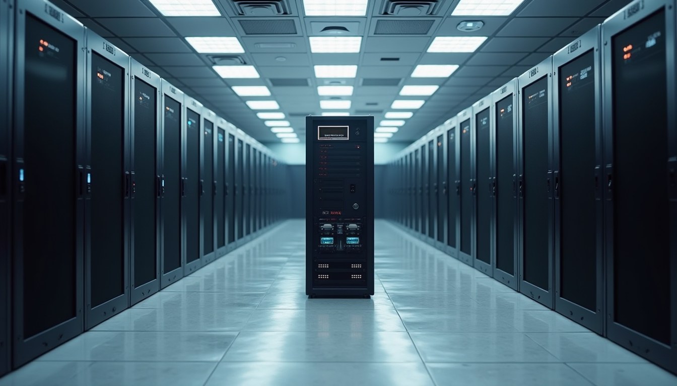 The same server room aisle, now completely dry with steady, calm status lights and no sign of the earlier flood.