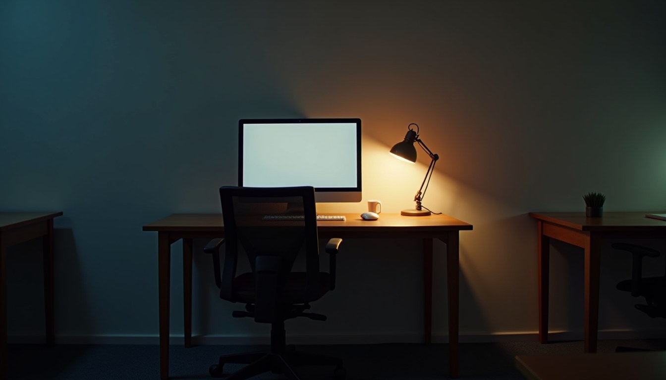 A single clean desk, chair pulled out, monitor glowing softly, everything precisely in place as if ready for someone about to arrive.