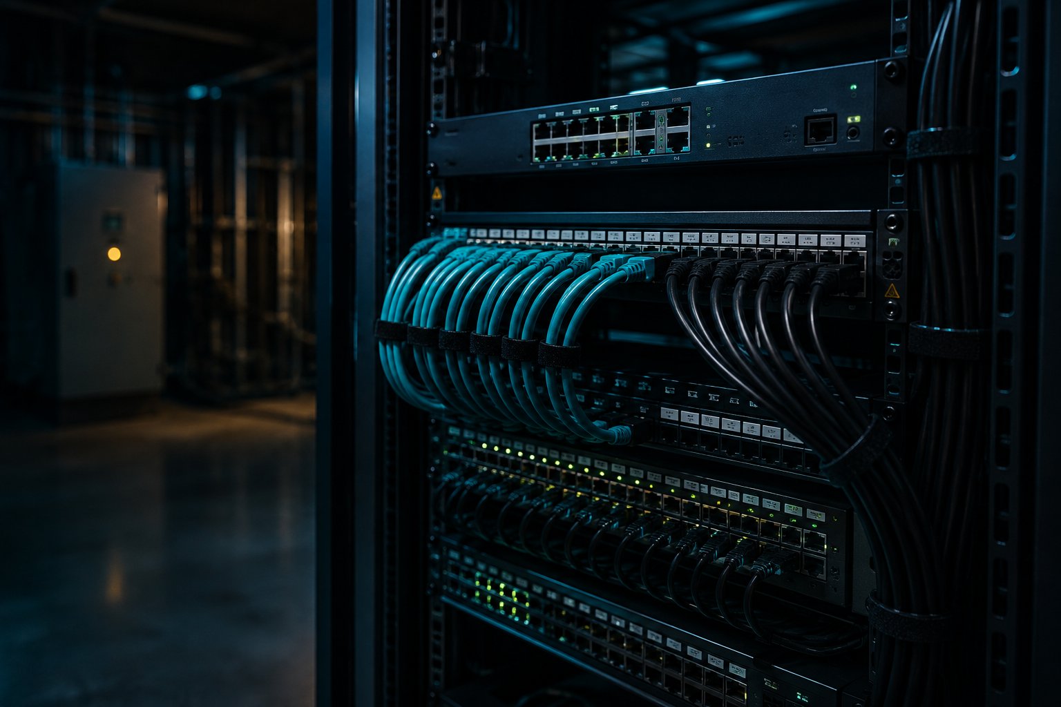 A network rack with the business network and control network cabled as two deliberately separated bundles — the physical expression of network segmentation