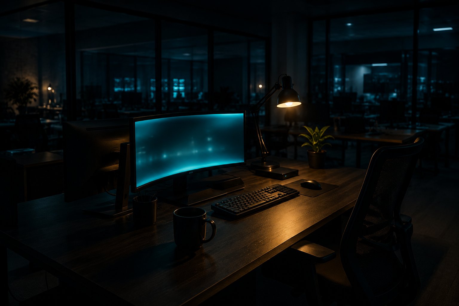 A single lit workstation in an otherwise dark operations room in the early hours of the morning